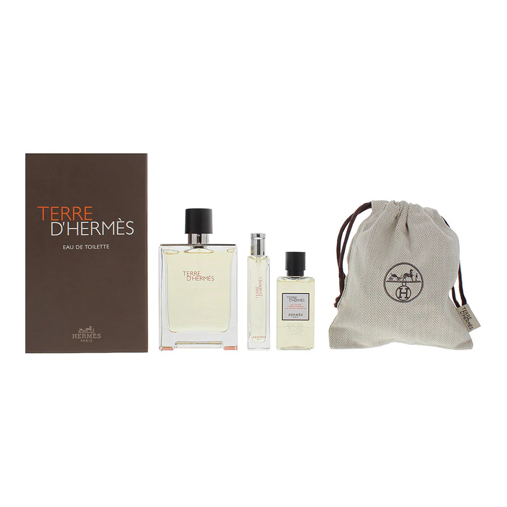 Hermes Terre d'Hermes 100ml EDT + 40ml Duschgel + 15ml EDT + Täschchen für Herren Geschenkset