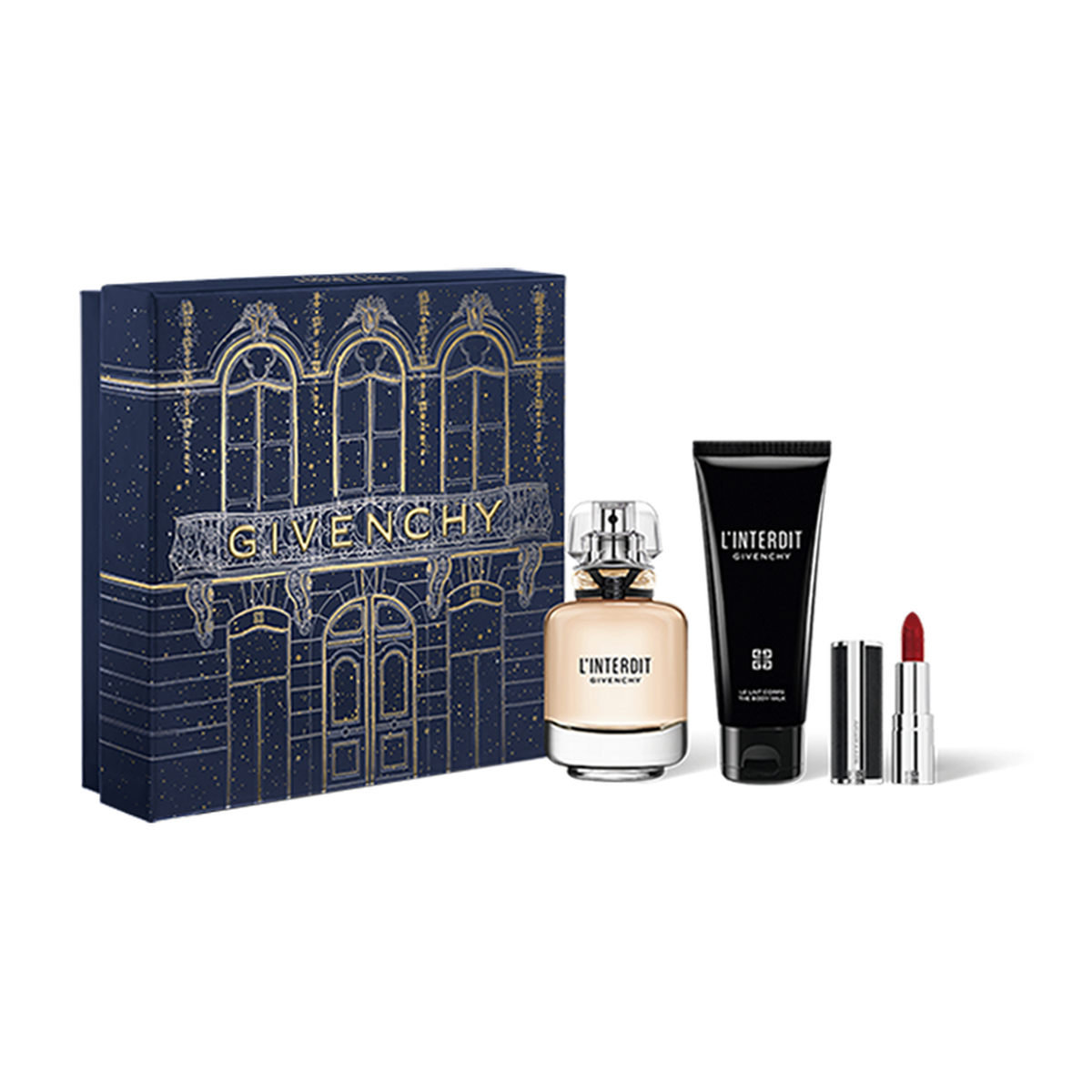 Givenchy L'Interdit 50ml EDP + 75ml Körpermilch + Lippenstift für Damen GESCHENKSET