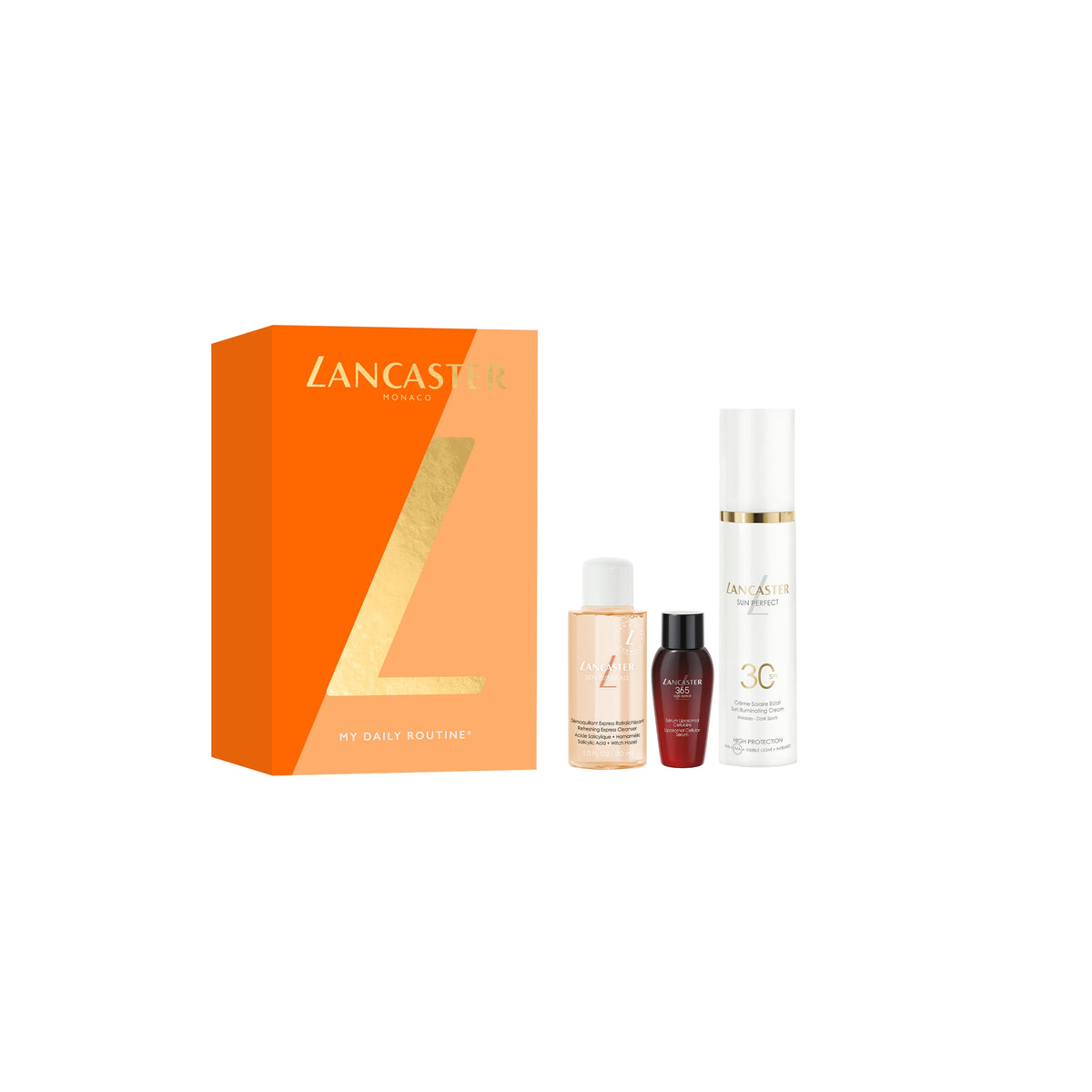 Coffret Lancaster Sun Perfect Crème Éclat SPF30 50ml + Nettoyant Fraîcheur Express 30ml + Sérum Cellulaire Liposomal 10ml