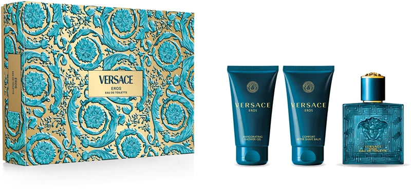 VERSACE Eros 50ml EDT + 50ml Aftershave Balsam + 50ml Duschgel für Herren Geschenkset